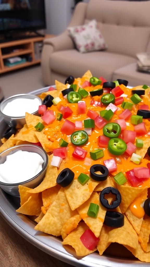 A colorful plate of cheesy nachos with jalapeños, tomatoes, and olives, served with guacamole and sour cream.